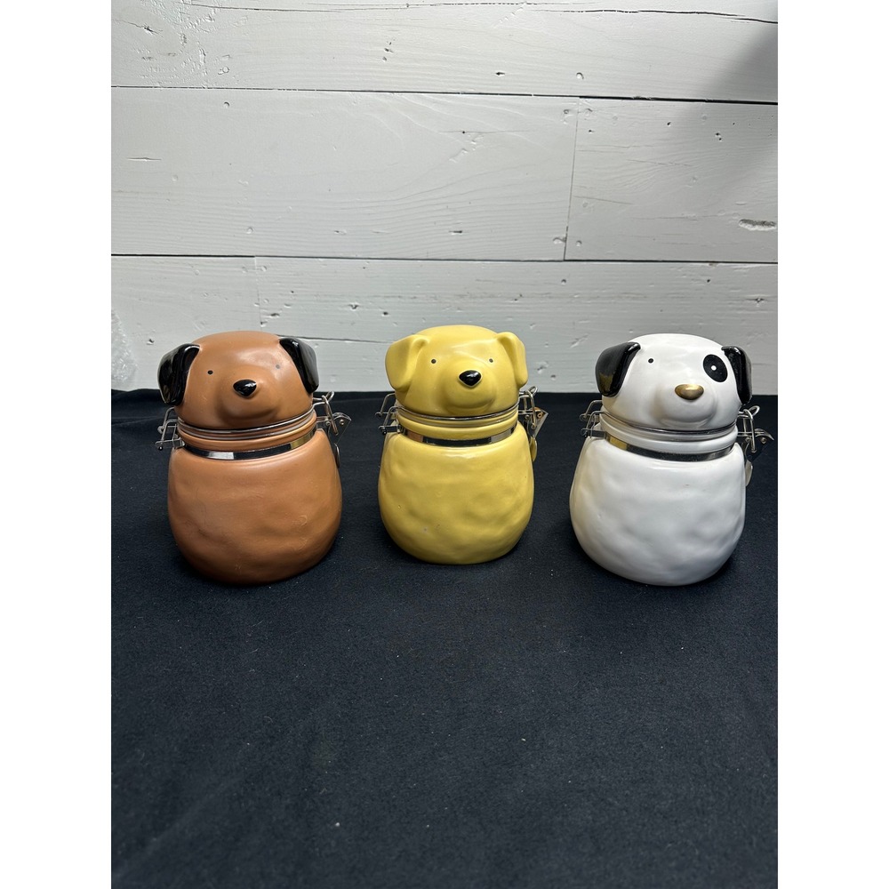Set of 3 Ceramic Dog Treat Canisters Airtight Lidded Jars Brown Yellow White